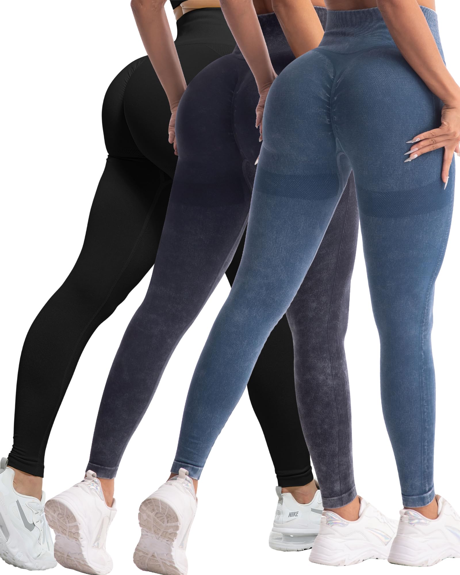 CHRLEISURE Workout Leggings Sets for Women, Gym Scrunch Butt Butt Lifting Seamless Leggings 3 Piece: Small 3 Packs - Black/Washed Black/Washed Navy