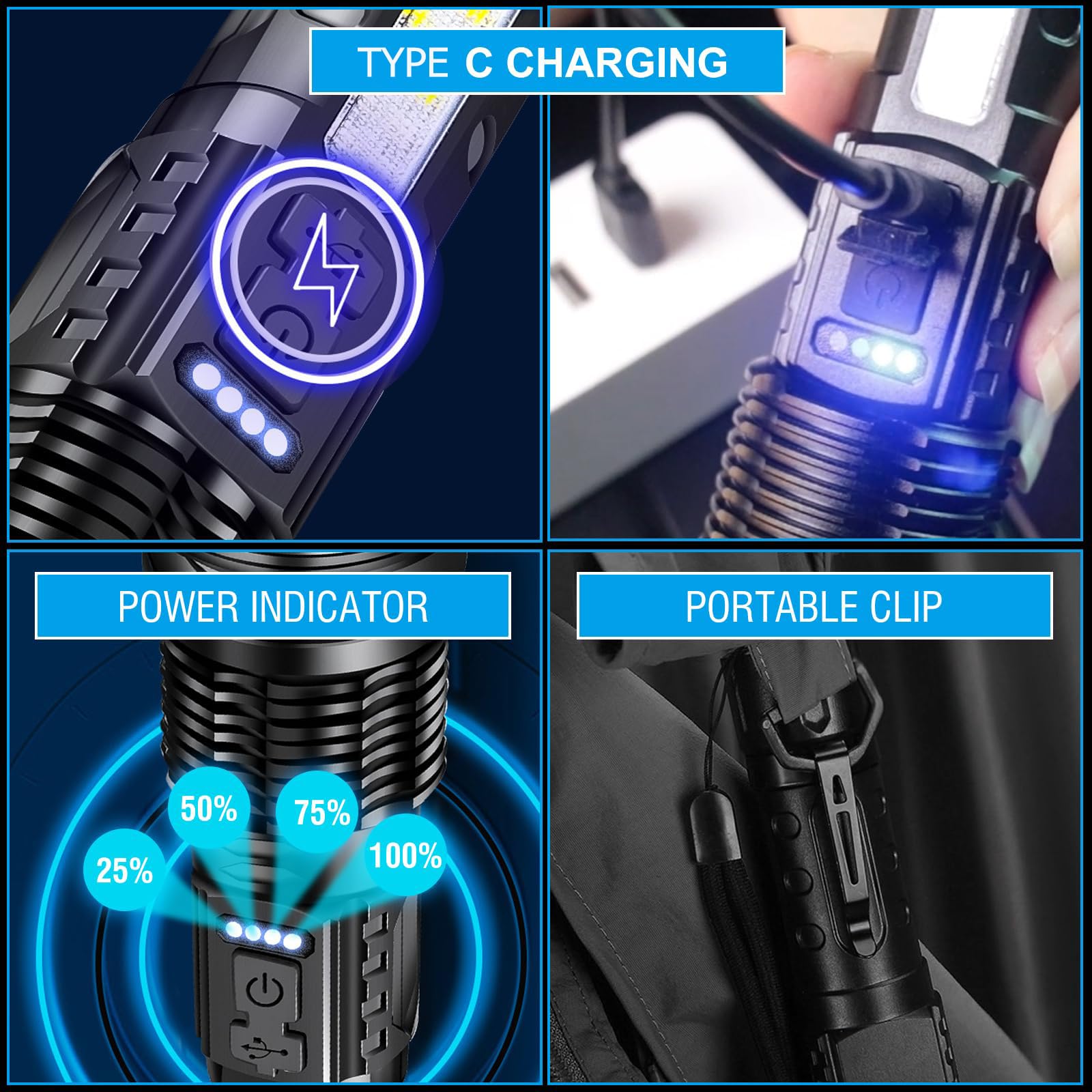 HOSONIC A76 Torcia LED Potente Professionale, Ricaricabile Torcia Militare Alta Potenza 20000 Lumen - 7 Modalità Torce, USB C Flashlight Per Campeggio Trekking Emergenza