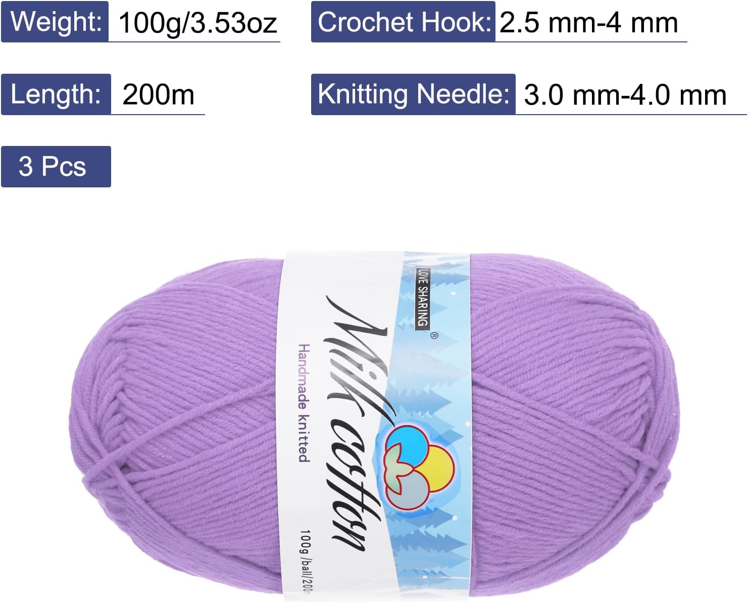 Cotton Yarn,65% Cotton and 35% Acrylic Fibers Soft Knitting Yarn [for Hand DIY Bag Cushion Crocheting Knitting Projects Home Decor], -3 Skeins/3×218yards/3×3.53oz/Light Purple