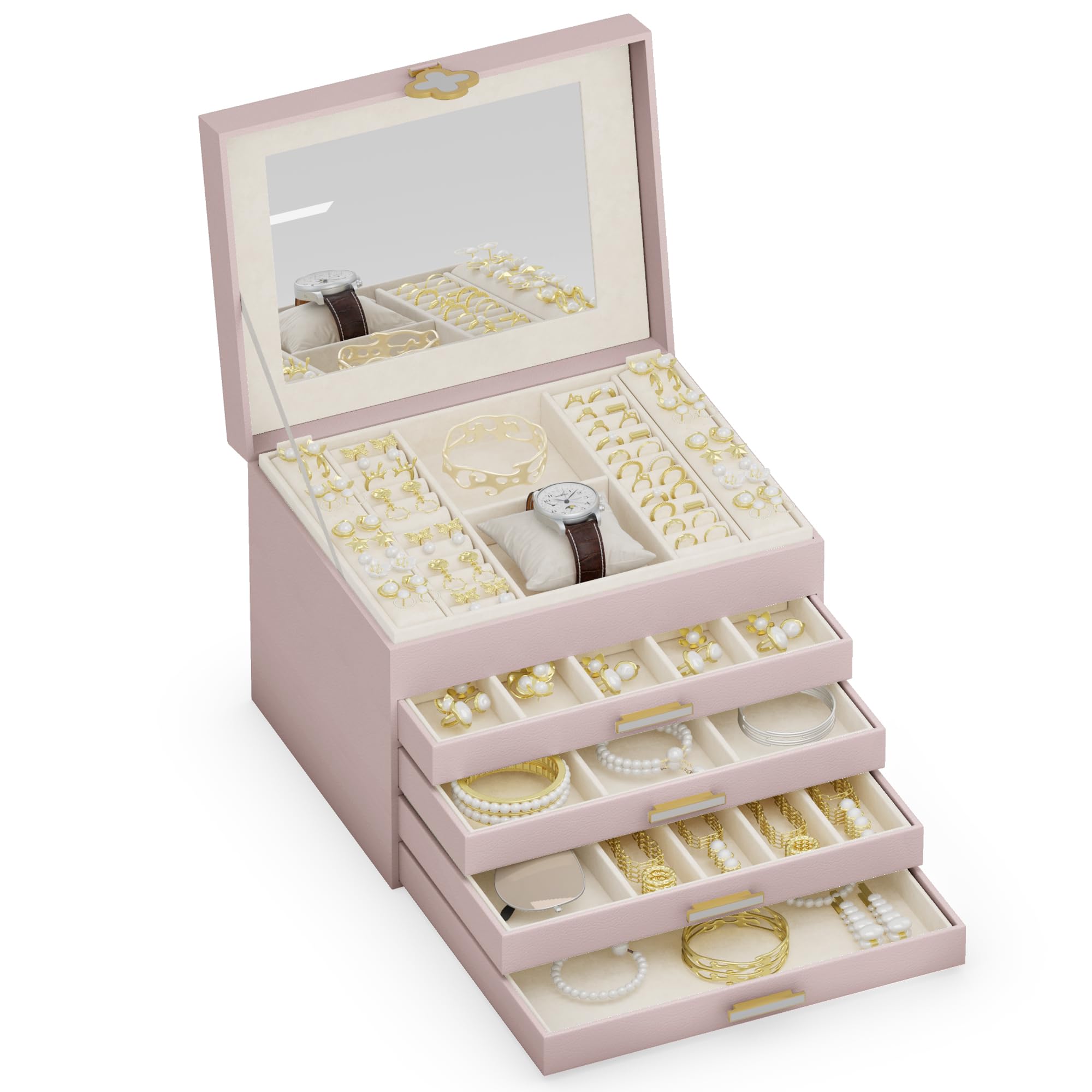 ADEL DREAM Portagioie a 5 ripiani con bottone a forma di quadrifoglio, con vassoio estraibile, con grande specchio, scomparti regolabili fai da te, per mamme e ragazze, rosa