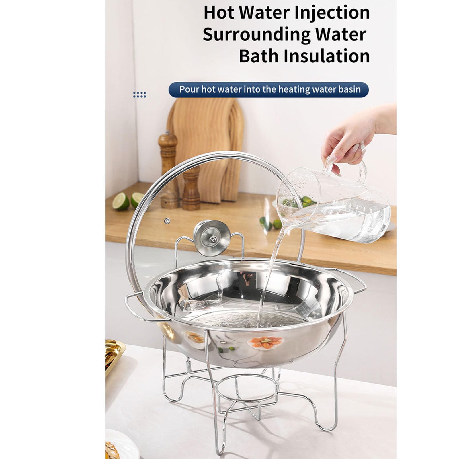 Pssopp Juego de Platos de Chafing Buffet, Calentador de Alimentos Redondos de Acero Inoxidable con Tapa de Vidrio y Contenedor de para Eventos de Catering y Entretenimiento en el (3.5L)
