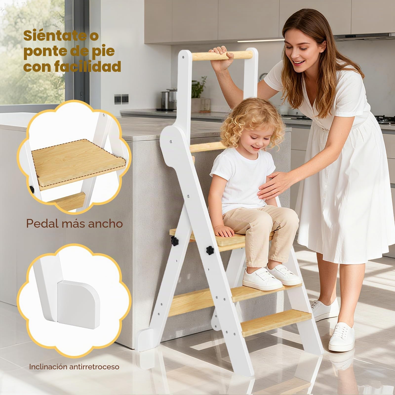 Torre de Aprendizaje Montessori Plegable con Red de Seguridad, Madera Natural, Regulable en Altura