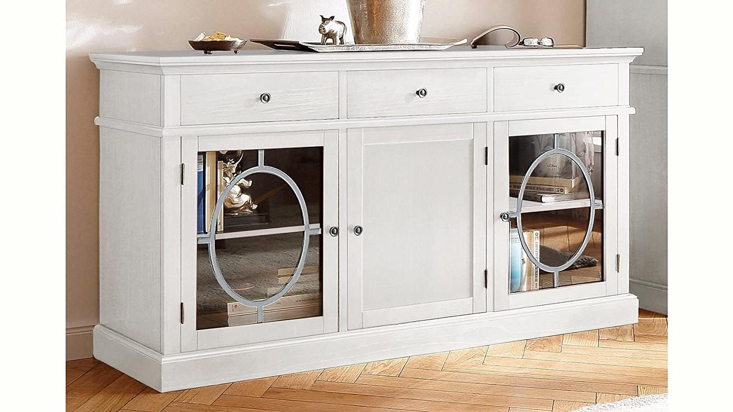APRODZ Solid Wood Paulo Sideboard Cabinet with 3 Drawer Storage Organize Cabinet for Home Dinning Kitchen Living Room & Bedroom Multi Shelves Door Cabinets Hallway Dinning (Jali -White)-image-8