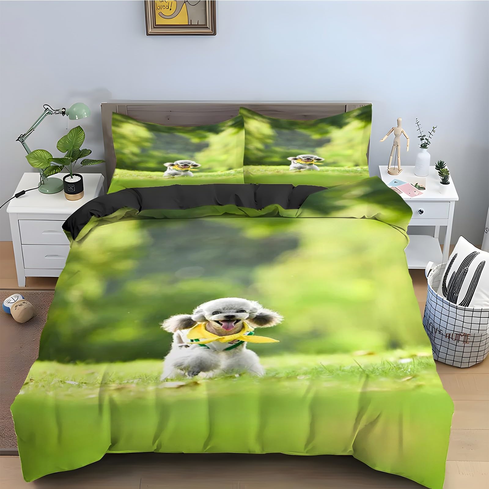 Parure de lit 90x190 caniche avec housse de couette en microfibre et taies d'oreiller