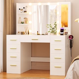Vanity Desk with Mirror and Lights, 43" Large Makeup Dressing Table with 9 Drawers & 3 Shelves, RGB LED Lighting & Power Outlet, White and Gold - Amazon product rated Grade A