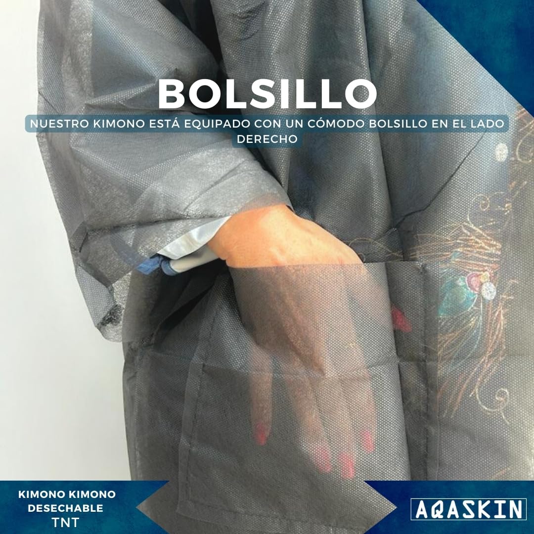 Kimono desechable Esteticista en TNT 30gr/m2 - Paquetes de 20 uds - DESCUENTOS POR CANTIDAD - Envasado individualmente - Dimensiones 100x140cm - Bolsillo y Correa