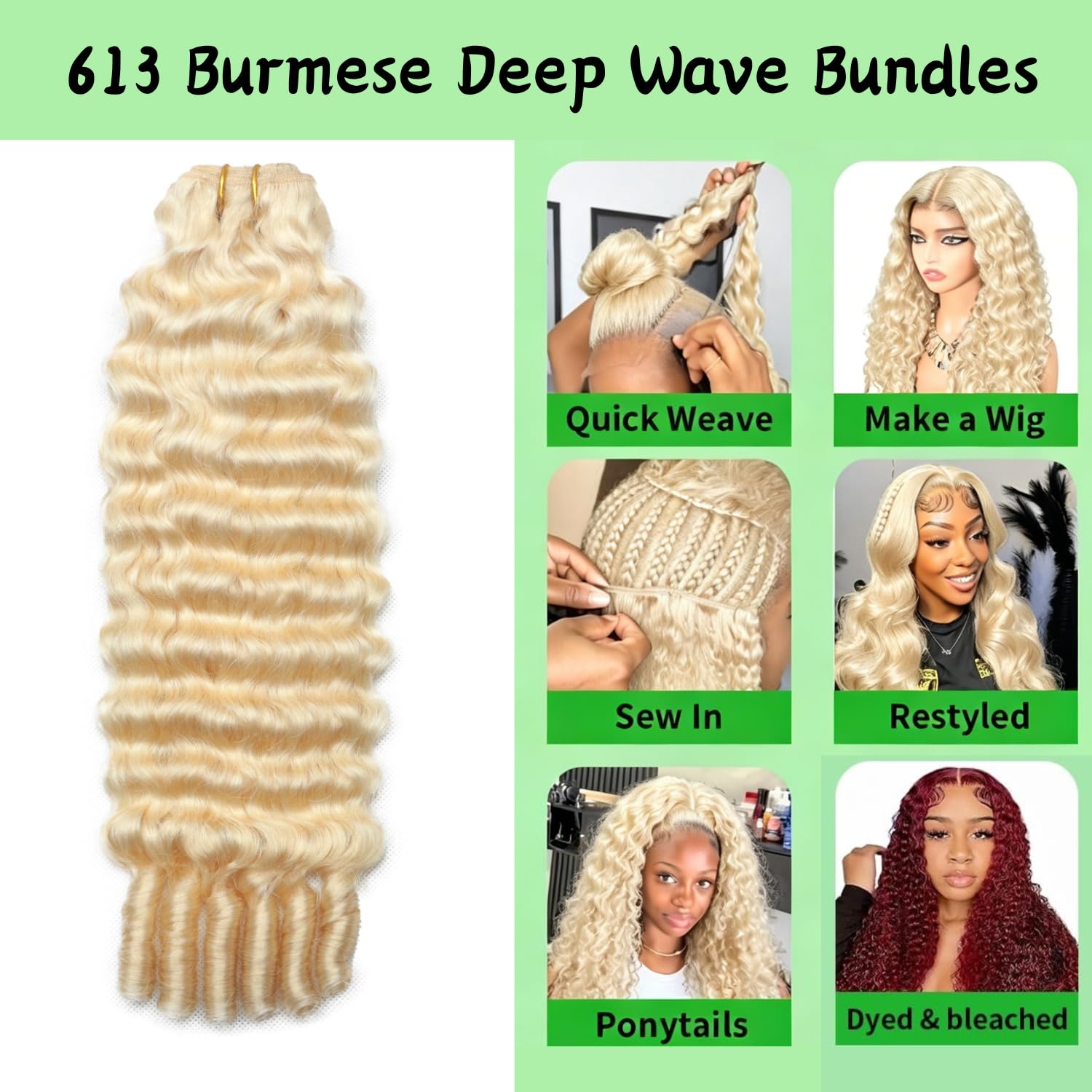613 Burmese Curly Human Hair Bundles,30 Inch 1 Blonde 3C/4A Deep Wave Bundle with Spiral Curly Ends,100% Burmese Virgin Hair for Full Wig,True Length, Ideal for Salon & Bulk Use