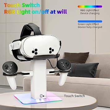 Charging Dock for MetaQuest 3, Vertical Stand Fit Quest 3S/3/2 | Premium ABS for VR Gaming Setup, 3 LED Light Modes & Sturdy Base Prevent Tipping, Easy Access, Quick Pickup, Protect Headset