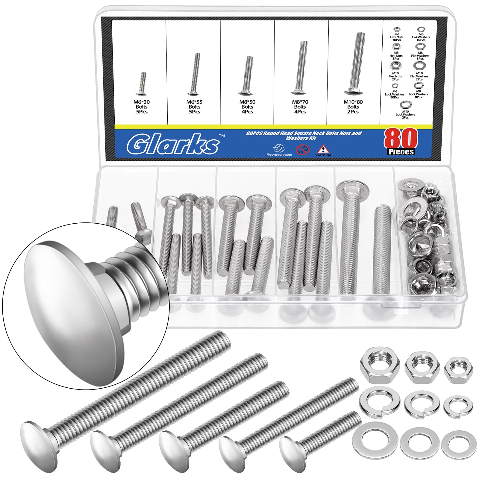 Glarks 80pcs M6 M8 M10 Carriage Bolts Screws, Round Head Square Neck Bolts Screws with Nuts and Washers for Machinery Industry