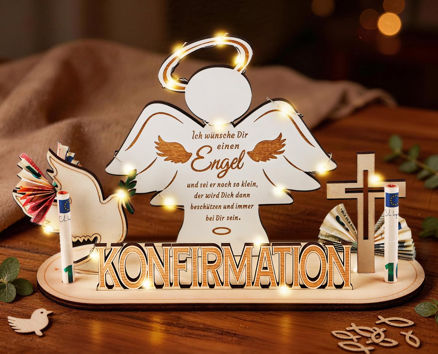 Giftota Geldgeschenk Konfirmation Holz mit LED Lichterkette, Kreative Konfirmation Geschenke für Mädchen Jungen, Schutzengel Deko Geschenk