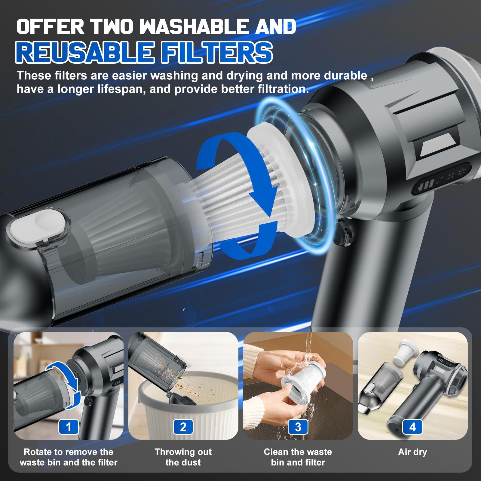 Handheld Vacuum Cleaner Cordless, 8 In 1 Car Vacuum Cleaner Brushless, 12000Pa Powerful Car Hoover, 60 Min Runtime, Rechargeable Portable Lightweight - View #9