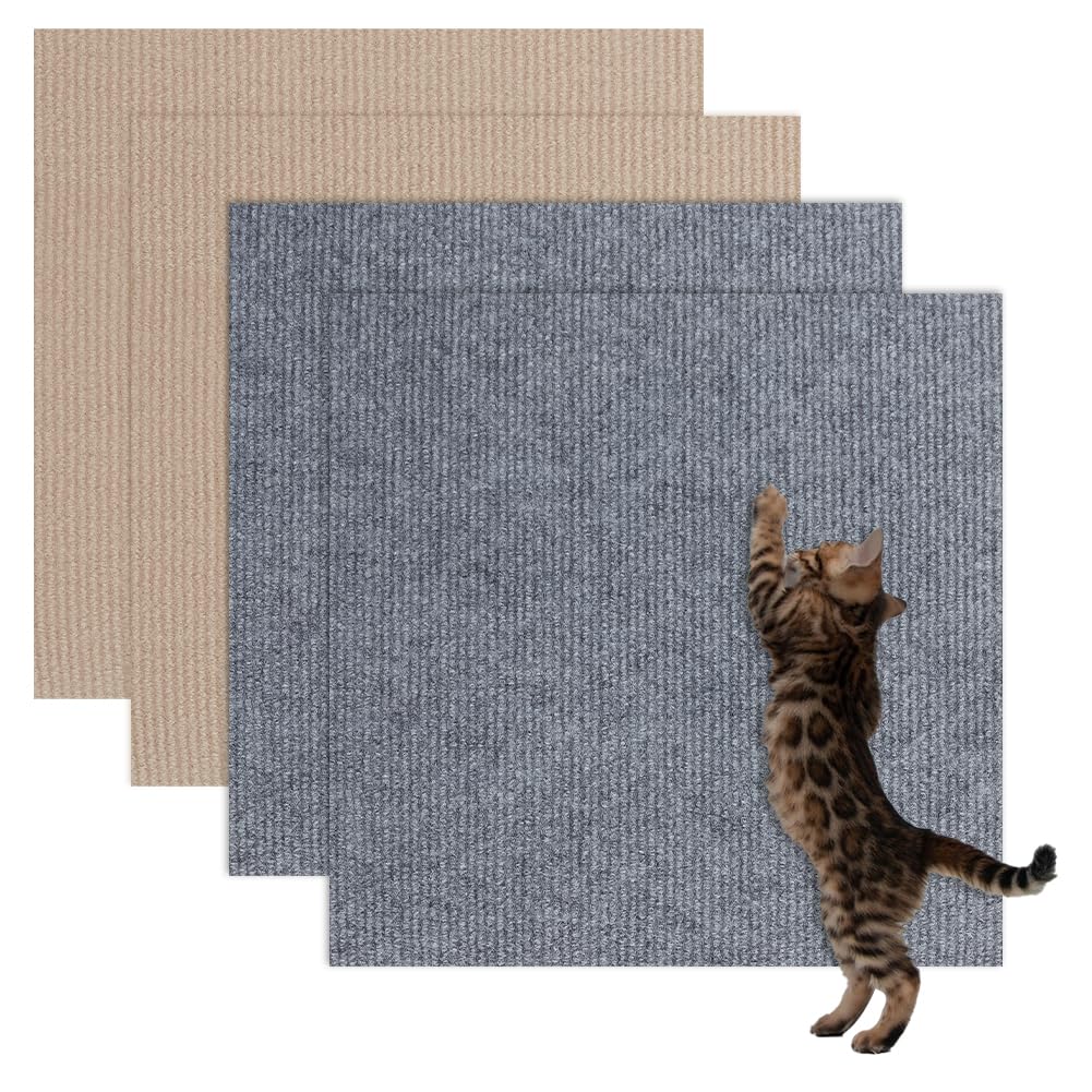 FINGERINSPIRE 4 Pcs Self-Adhesive Cat Scratch Mats 11.8x11.8inch Gray/Tan Color DIY Climbing Cat Scratcher Polyester Trimmable Cat Scratching Post Carpet Cover Cat Tree Shelves Replacement Parts Mat