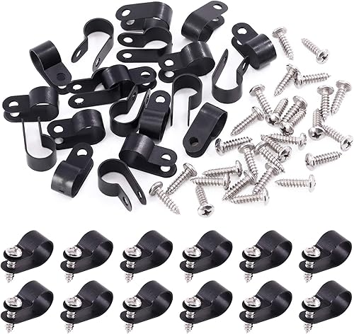Miniatura 12 de Swpeet Paquete de 120 clips de cable tipo R de nailon negro de 5/16 pulgadas, clips de sujeción de cable de montaje de tornillo de nailon con 60