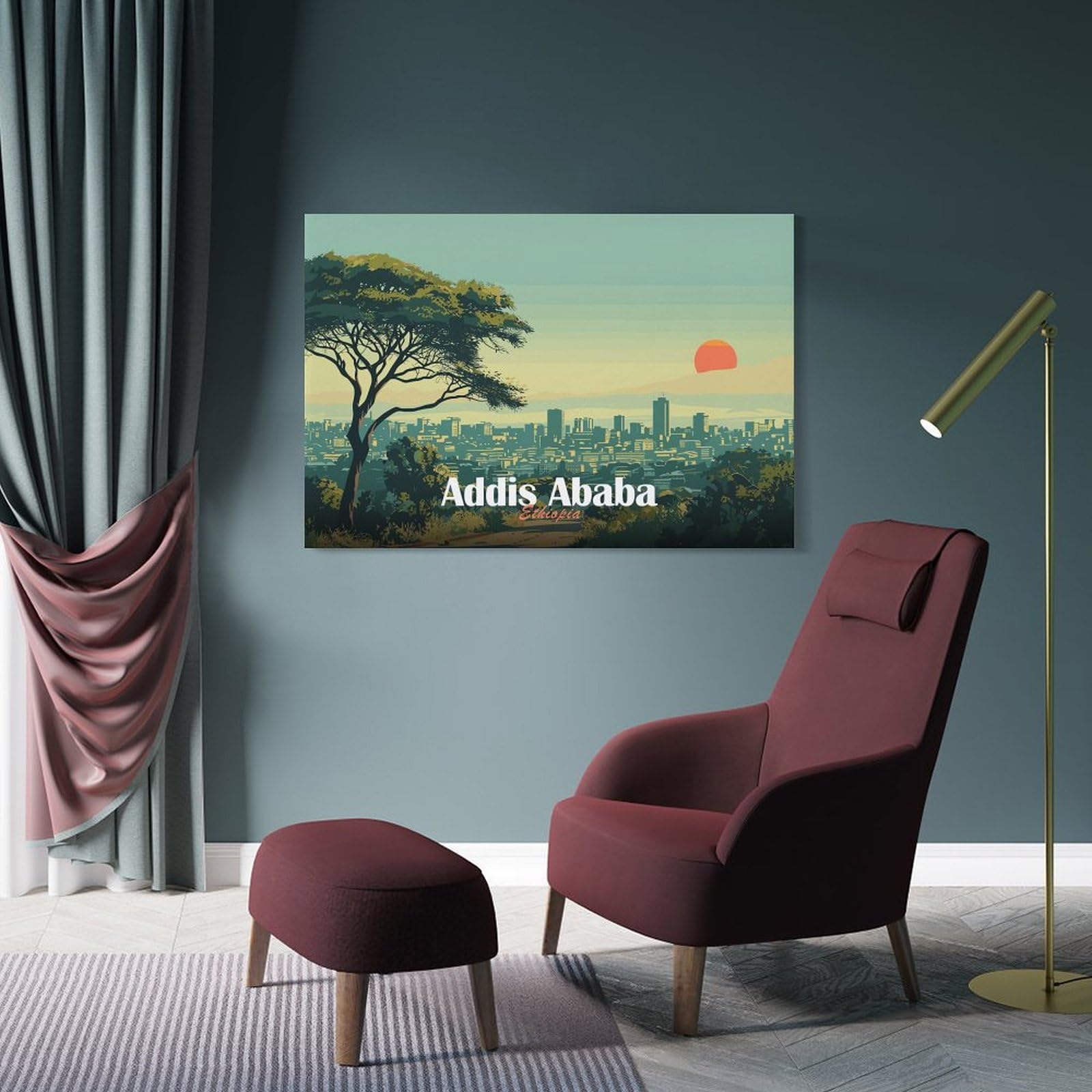 Junmoney Frame-Style-19 Decorative Wall Artwork 'Addis Ababa Skyline, 08X12inch(20X30cm), For New Homes, Bedrooms Or Workspaces, Canvas Artwork With Gifting Potential