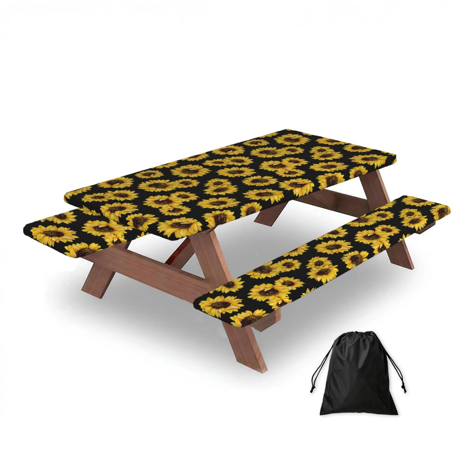 Dopklna As Picture Sunflower Design, Picnic Table Cover With Bench Covers -Waterproof Elastic Fitted Tablecloth For Garden Camping Patio 76X152cm
