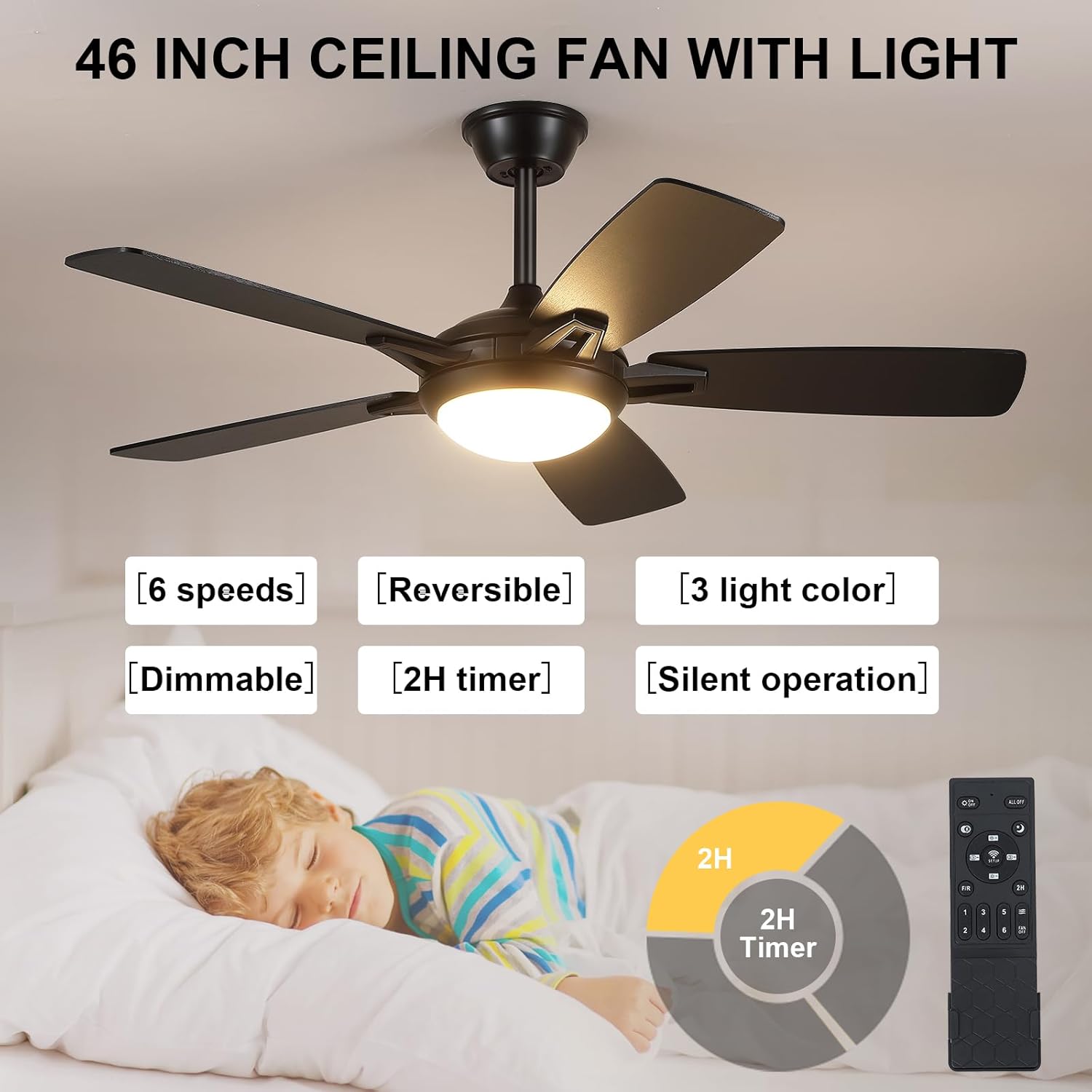 Kviflon 46 Inch Ceiling Fans with Lights and Remote, Modern Black Ceiling fan with light for Bedroom Living Room Indoor/Outdoor, Reversible Quiet DC Motor, Dimmable LED, Dual Finish Wooden Blades
