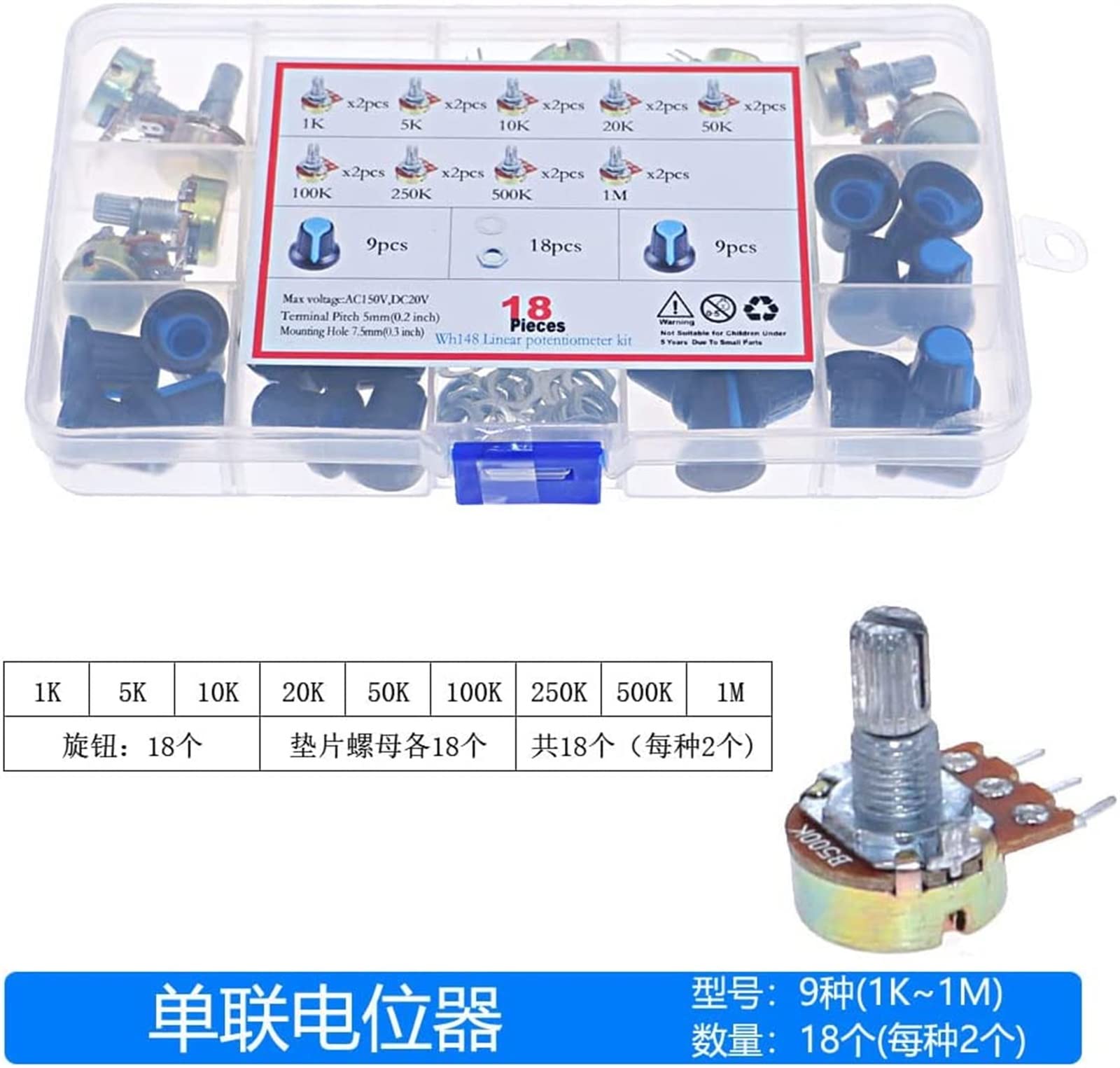 Relé 18 Uds 3Pin WH148 Kit de potenciómetro único B1K 5K 10K 20K 50K 100K 500K 1M con perillas Conjunto de potenciómetro único Tuercas de Eje