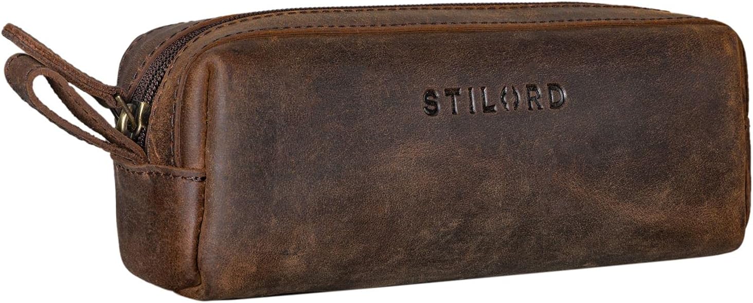 STILORD "Linus" Pencil Case Leather Pen Case Pouch Office University College Women Men Stationary Vintage Leather Colour:Zamora - Brown