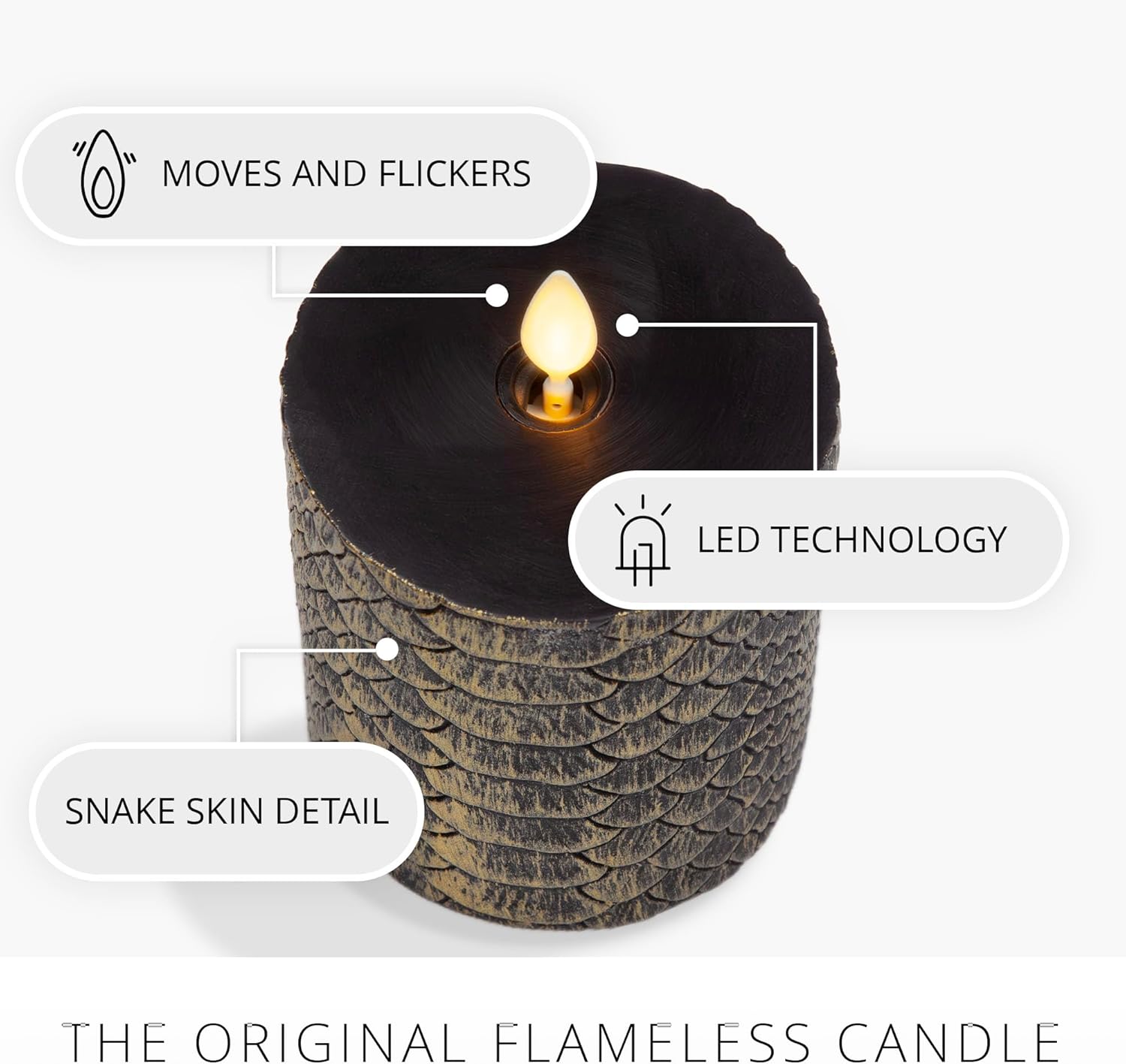 Luminara Snake Pattern Flameless LED Candle, Black & Gold 3" x 4.5", Moving Flame Pillar, Battery Operated Timer Real Wax Halloween Gothic Home Decor