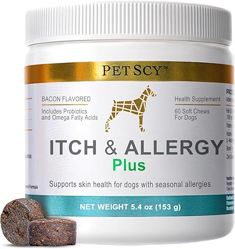 PetScy Golosinas masticables para el alivio de la picazón y las alergias para perros con piel, orejas y patas con picazón | Probióticos, moringa y