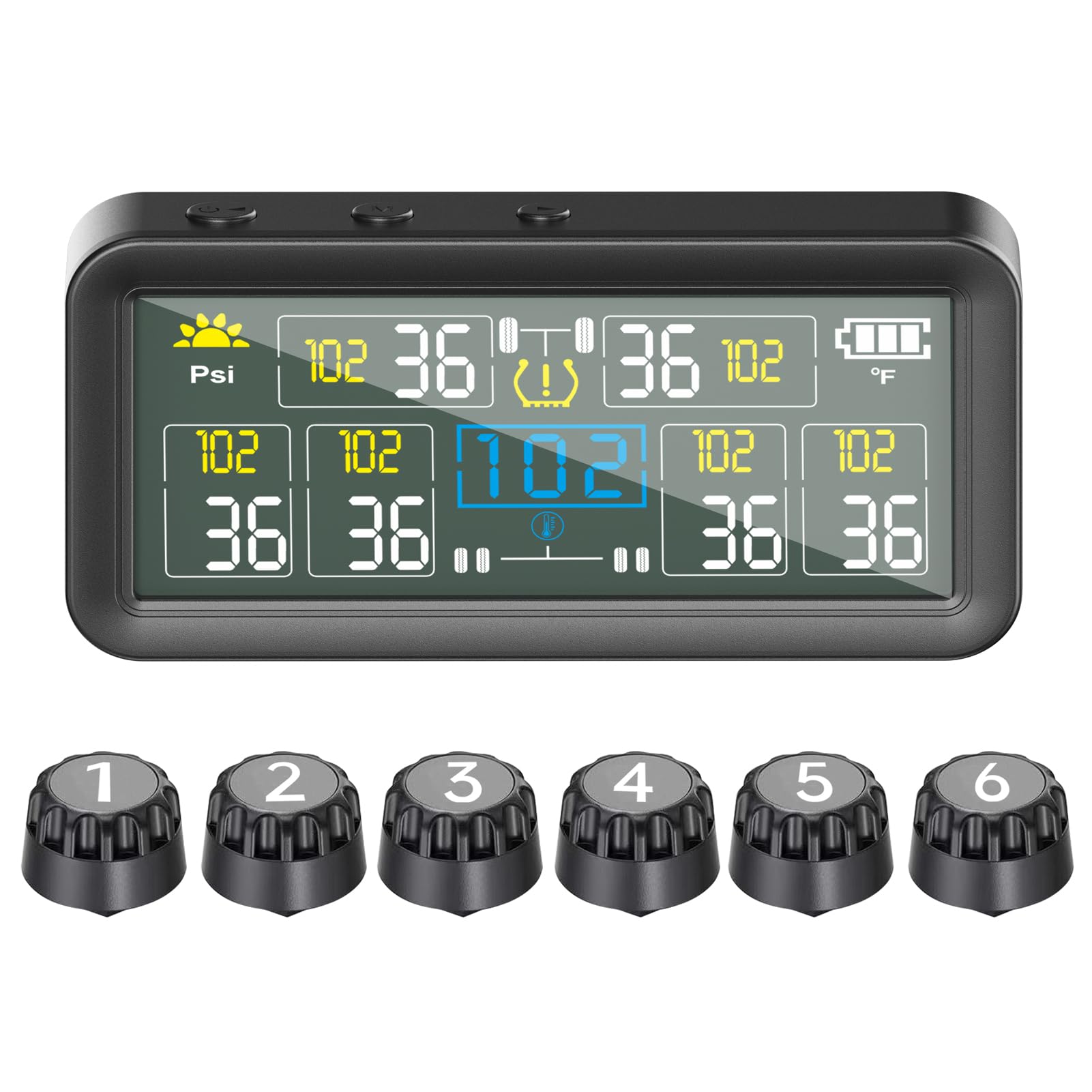 Shkalacar Reifendruck Kontrollsystem Solarbetrieben, Automatisches Überwachungssystem mit 6 Externe Sensoren LCD Display Auto EIN Aus Temperatur Alarm für LKW Anhänger Geländewagen