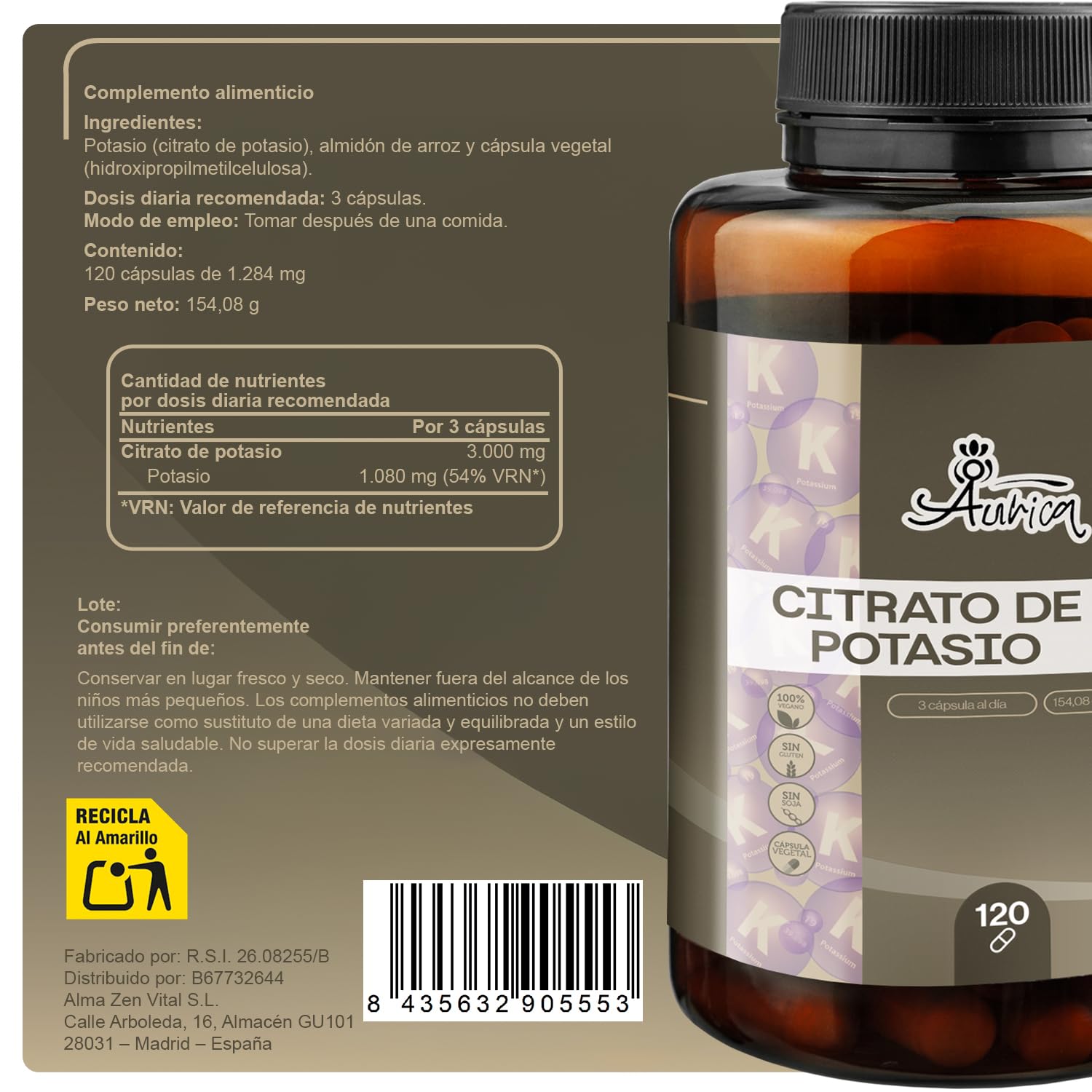 Aurica Citrato de Potasio 3000 mg - 1080 mg (54% VRN) por Dosis - Citrato de Potasio Cápsulas para el Funcionamiento Muscular y Equilibrio Electrolítico - 120 Cápsulas Veganas