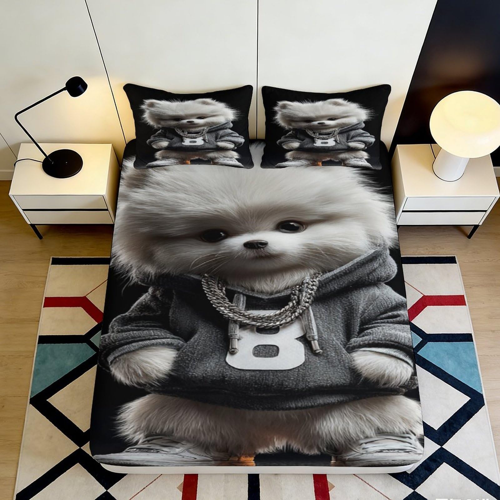 3D Printed Cute Fluffy Dog Fitted Sheet Microfiber Anti-Slip Hip Hop Puppy Bed Cover for Bedroom Dorm Mattress Decor 180x200x25cm
