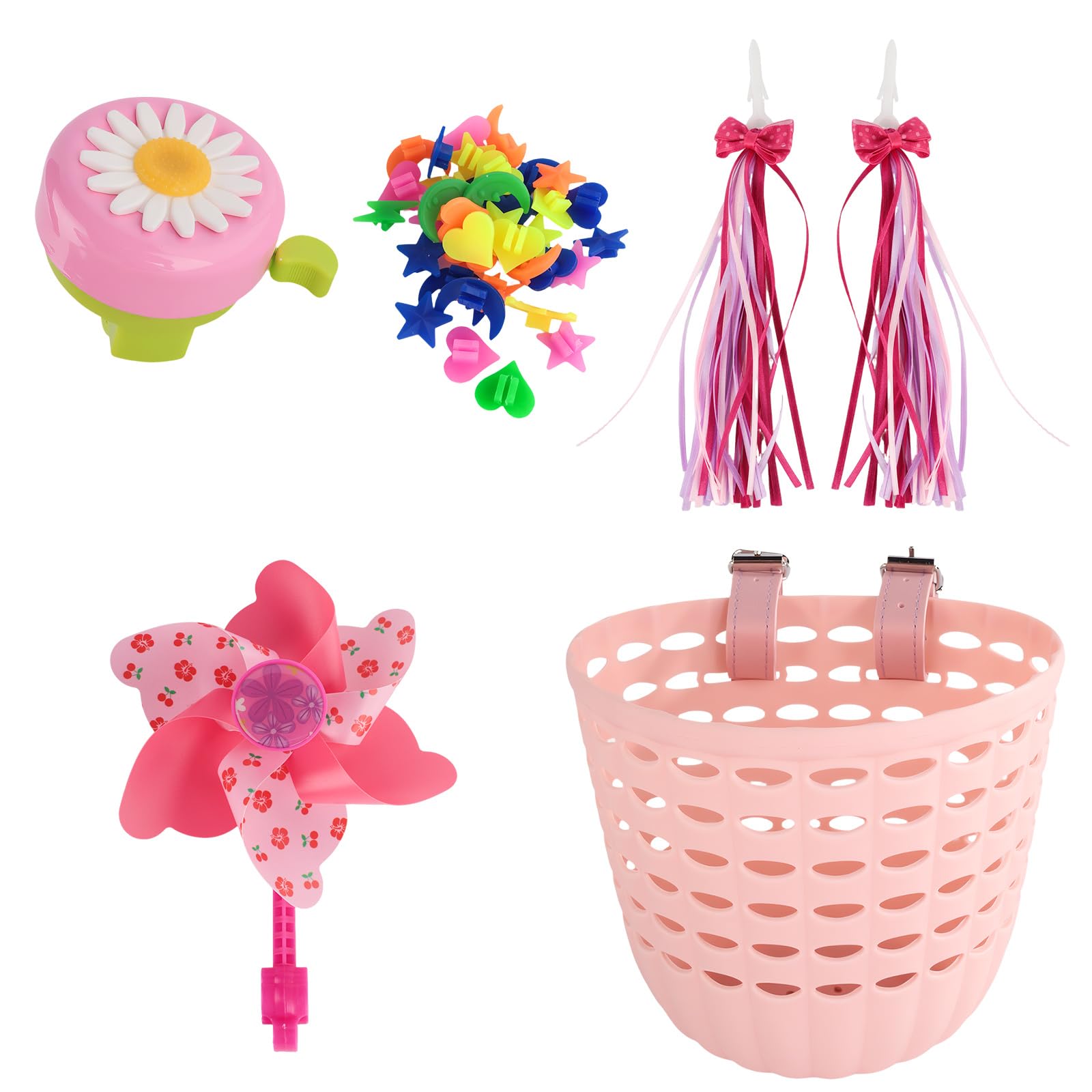 Pink Bike Accessories Kids - Upgraded Kids' Bike Accessories, Including Bicycle Bells, Bow Tassel, Cycling Baskets, Spokes Beads and Windmills, Bicycle Decorations Suitable for Children