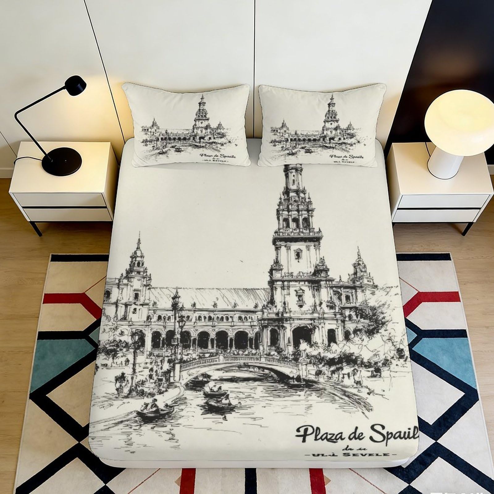 3D Printed Plaza de Spain Fitted Sheet Microfiber Soft Breathable Architectural Bed Sheet for Bedroom Dormitory Guest Room Mattress Protection 200x200x25cm