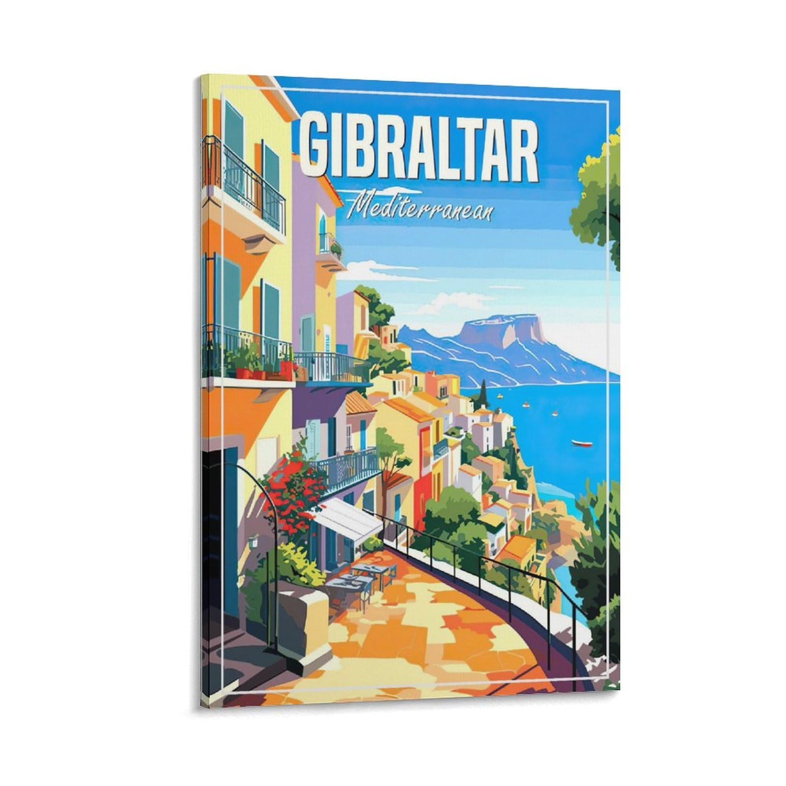 Fbaoda Frame-Style Gibraltar Mediterranean Posters Vitger Travel Poster Canvas Art Wall Room House Decor Bedroom Office Posters Prints Wall Art Paitings Rustic Home Decorate For Living 08X12inch(20X30cm)