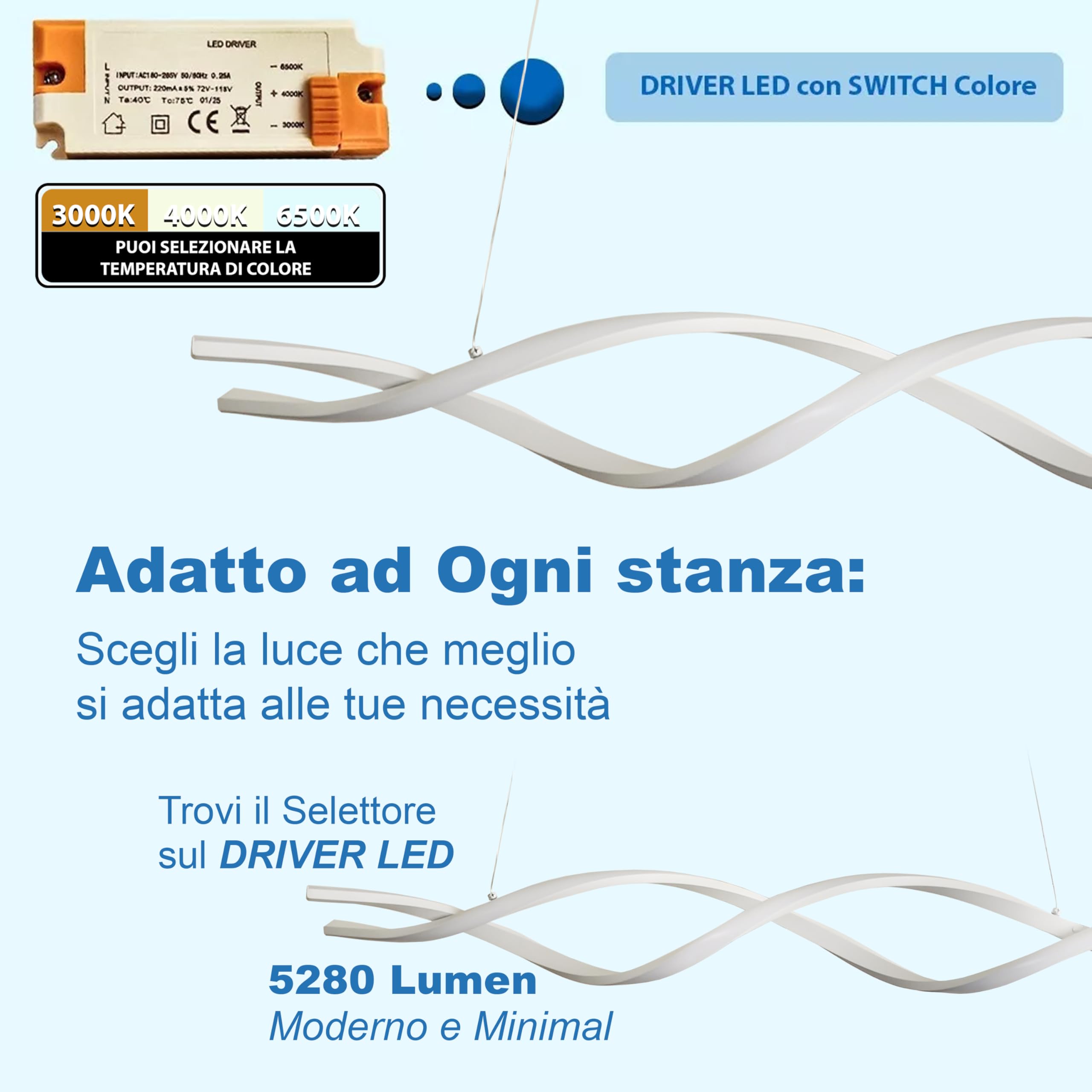 MAKA Lampadario a Sospensione LED Soggiorno, Lampada Cambio Temperatura Luce Calda-Naturale-Fredda, Design a Intreccio, 48 Watt 5280 Lumen, 220 Volt, Lampadario Camera da Letto (Switch Bianco)