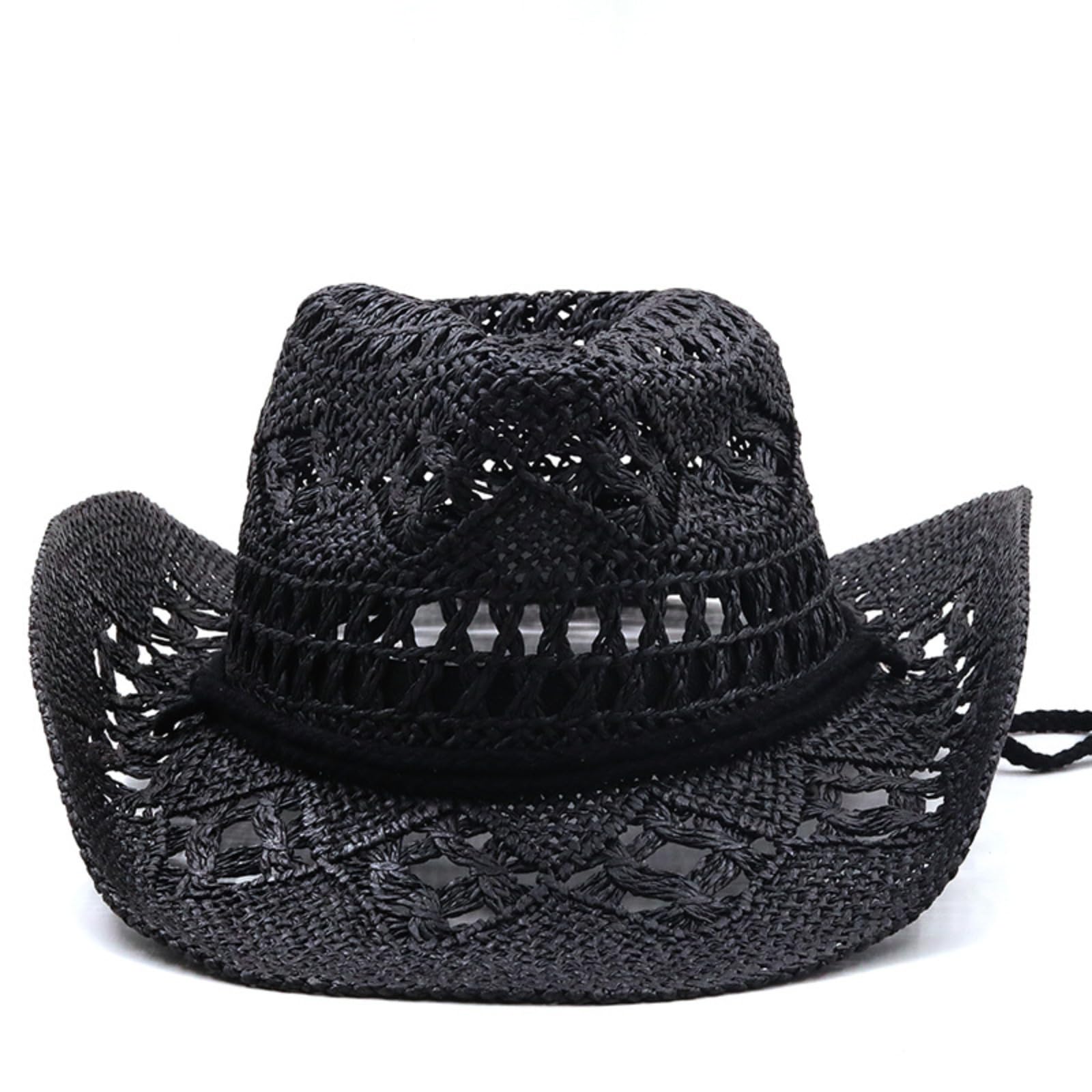 Cazqgoy Cowboy Hat Vintage Western Straw Cowgirl Hat Cowboy Hats for Women with Breathable Straw Hat with Chin Strap Wide Sun Protection Sun Hat, black, L