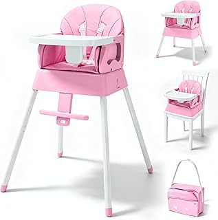 5 in 1 Foldable Baby High Chair,Convertible Highchair for Babies and Toddlers-Portable Infant Booster Seat,Carry Small Box,Dining Chair,Toddler High Chair with 5-Point Harness,Removable Tray-Pink
