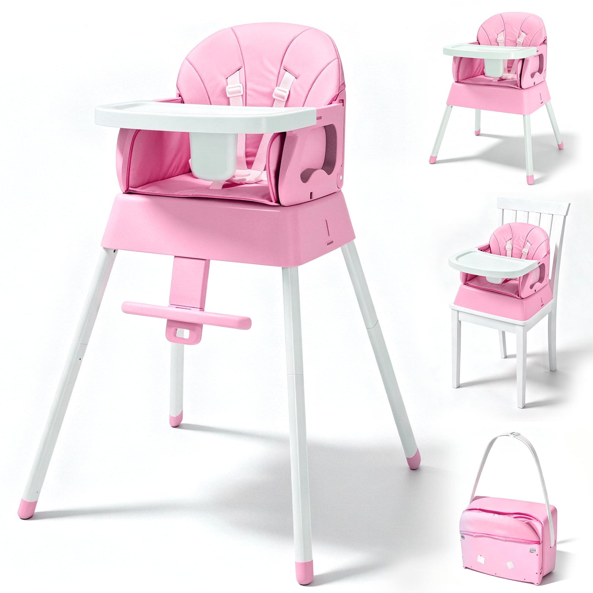 5 in 1 Foldable Baby High Chair,Convertible Highchair for Babies and Toddlers-Portable Infant Booster Seat,Foldable Dining Chair,Toddler High Chair with 5-Point Harness,Removable Tray (Pink) : Baby