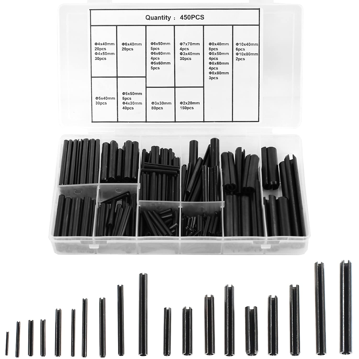 Juego de 450 Pasadores de Muelle Huecos, de Acero Inoxidable, Pasadores de Sujeción, Caja Surtida, Accesorios de Metal (Negro, 2,0 – 10 mm)