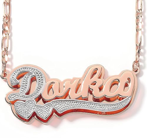 Drawelry Collar con nombre personalizado de dos tonos, placa de oro de 18 quilates, doble chapado en corazón hecho en corazón, collar con dije de