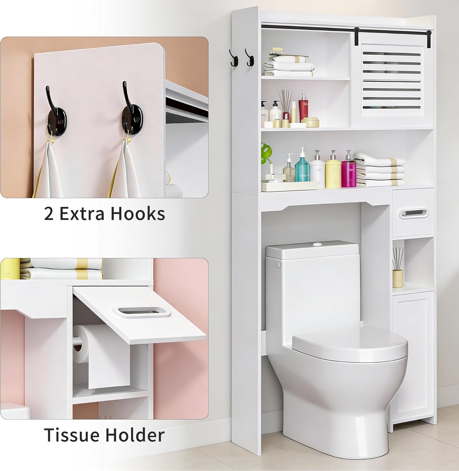 Over The Toilet Storage Cabinet, Bathroom Storage Cabinet Organizer, Above Toilet Rack with Door and Adjustable Shelves, Space Saver for Restroom, Laundry (White Left Side)