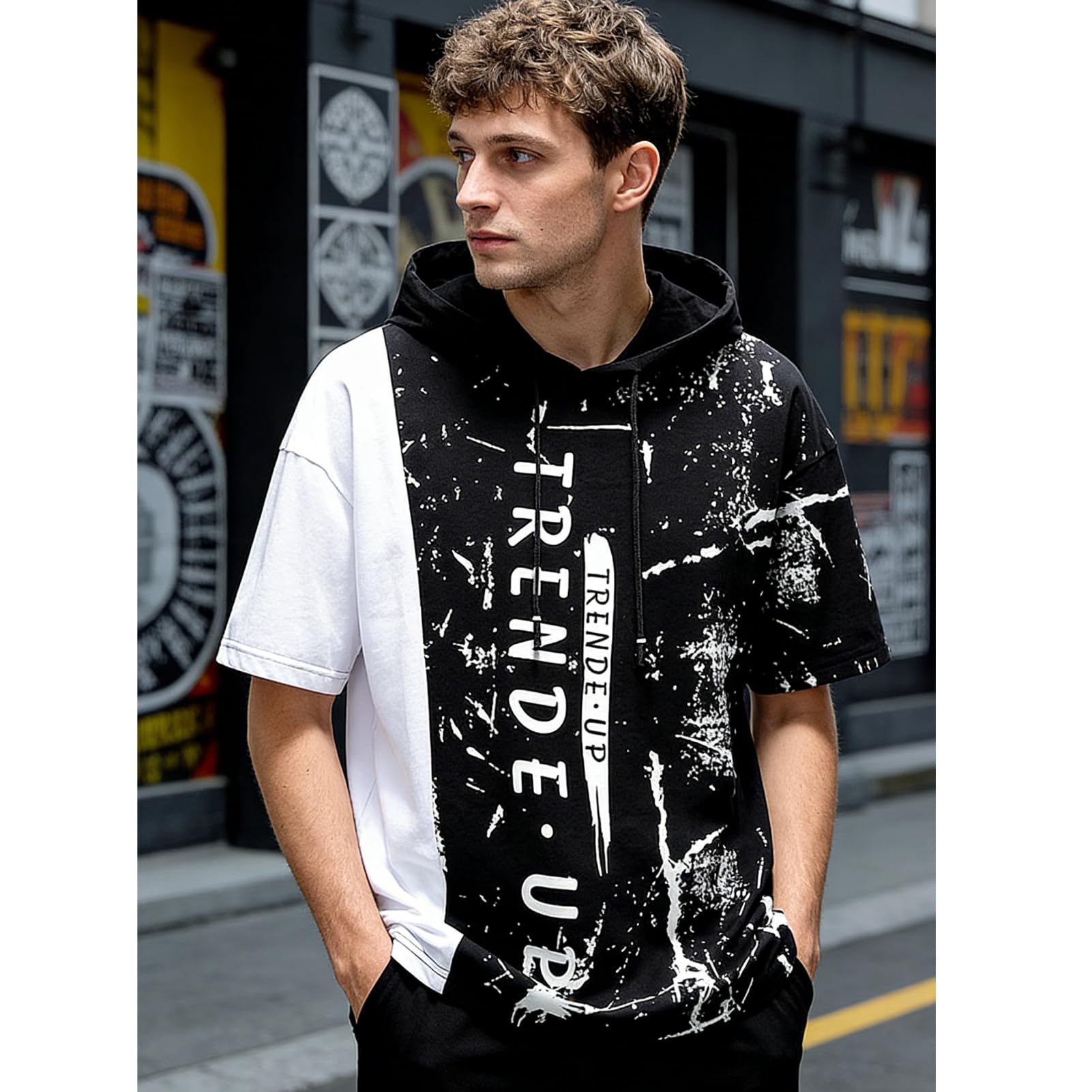 Kurzarm Hoodie Herren Baumwolle Tshirt mit Kapuze Kapuzenshirt Kapuzenpulli Sommer Pullover