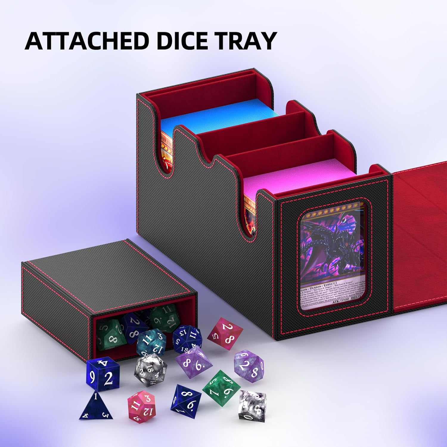TopMade Card Deck Box with Commander Display, Trading Card Storage Box 520+ with Dice Tray, Leather Magnetic Closure Trading Card Case for YuGiOh, TCG, MTG and Sport Cards - Black & Red