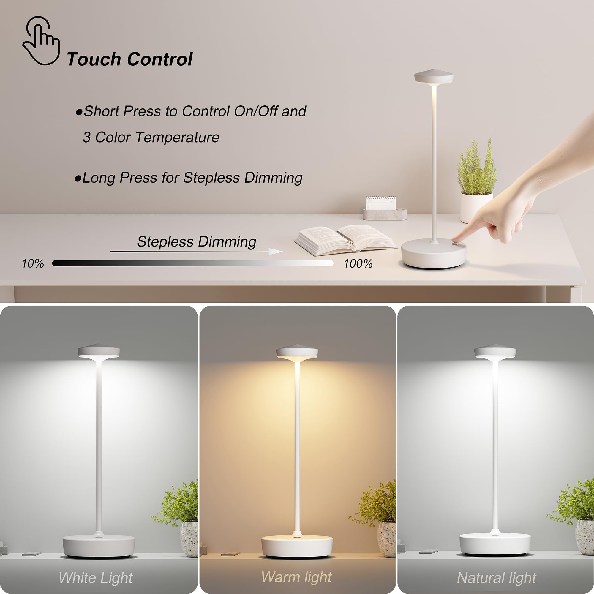 TBBGA Lampada da tavolo senza fili ricaricabile, confezione da 2, lampada da tavolo a LED con 3 temperature di colore, oscuramento continuo, alluminio impermeabile per interni ed esterni, patio