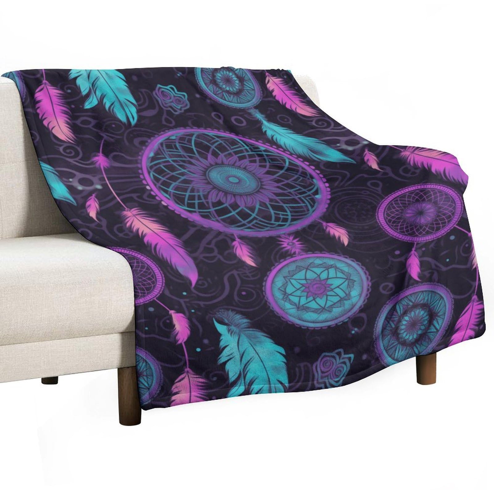 Purple Blue Dream Catcher Pattern Black Fabric Throw Blankets Blanket Premium Super Soft Cozy Warm Bed Blanket Couch