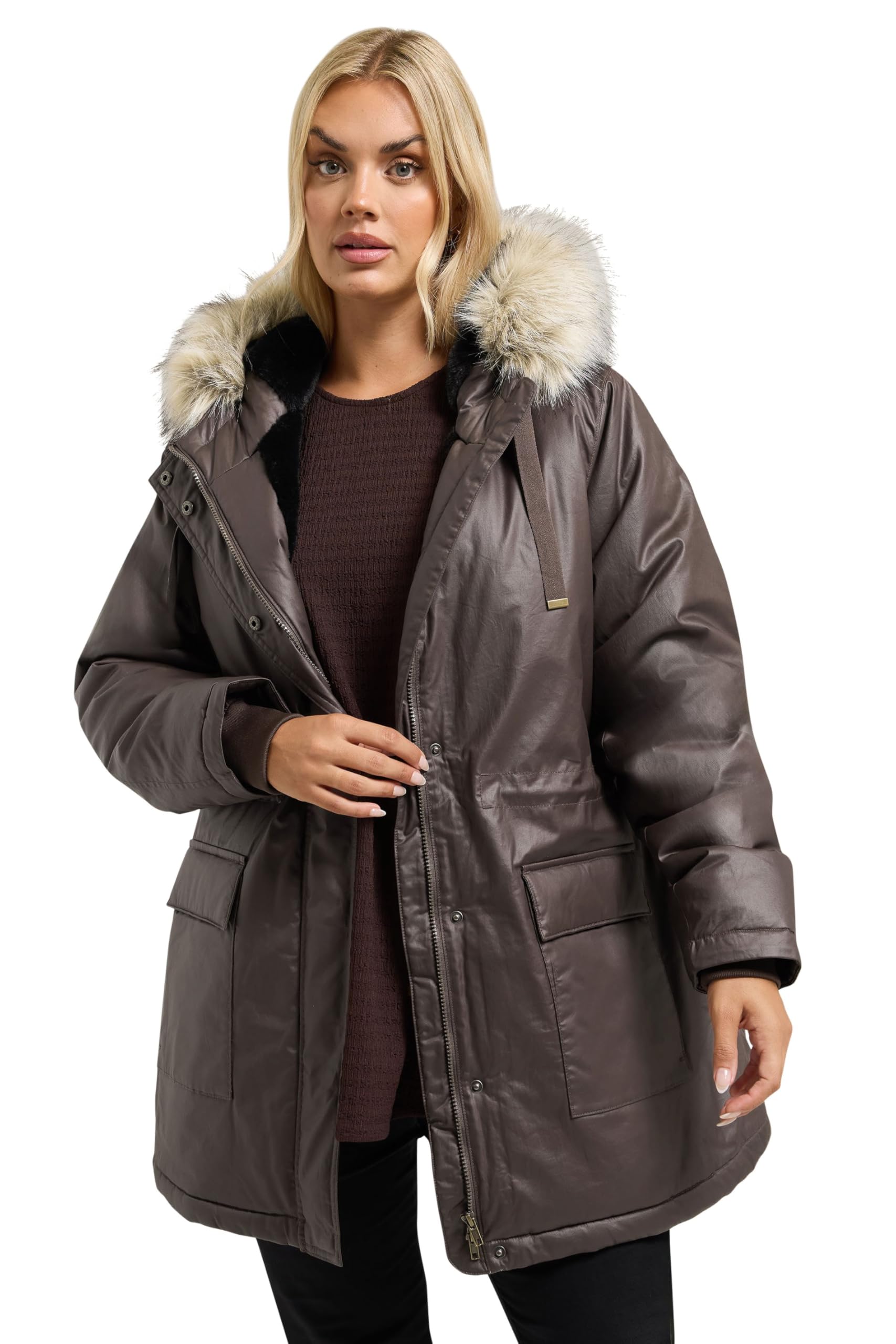 Yours Women's Brown Plus Waxed Faux Fur Trim Parka Coat Size 22-24
