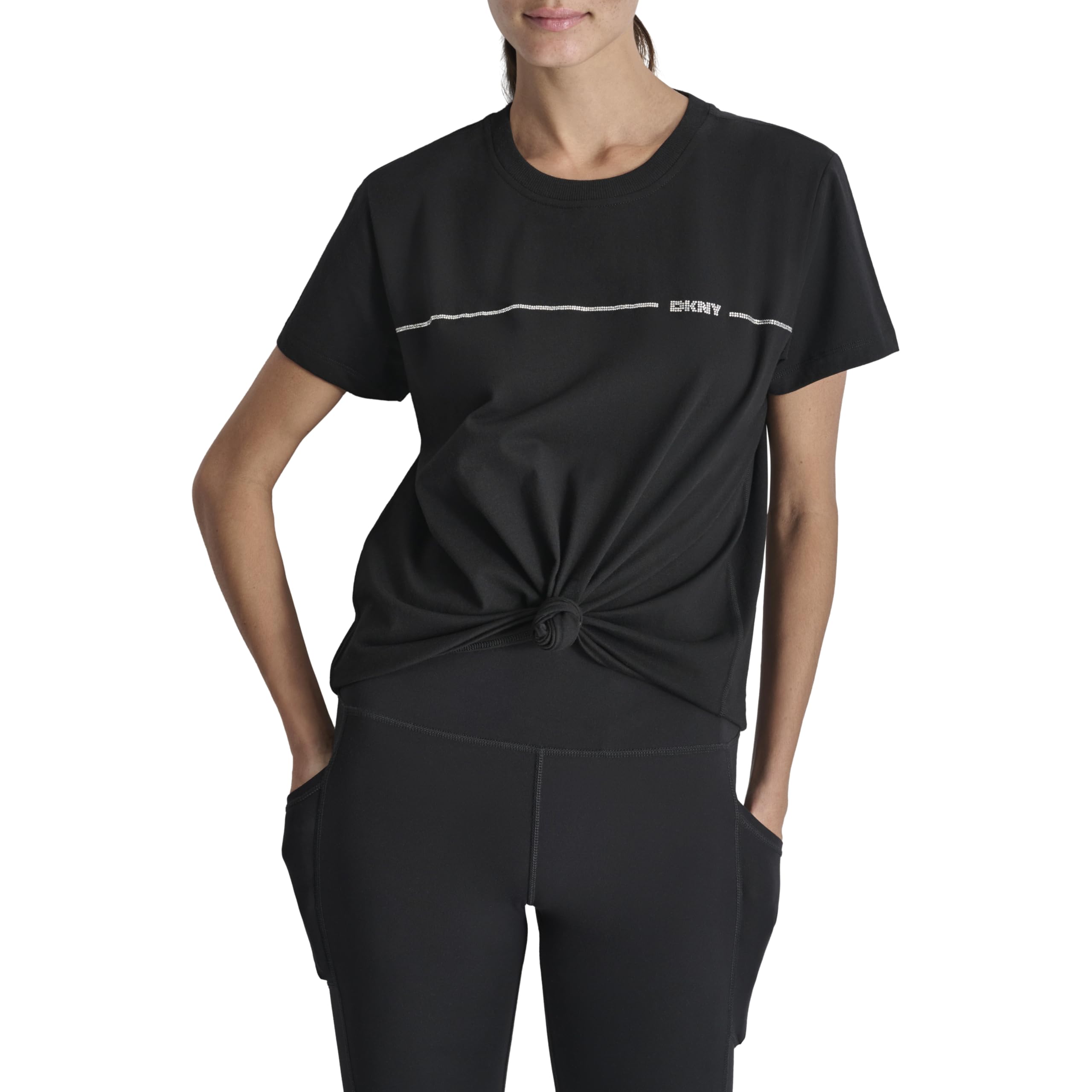 DKNY Women's Rhinestone Stripe Logo Top, Black, X-Small, Black, XS