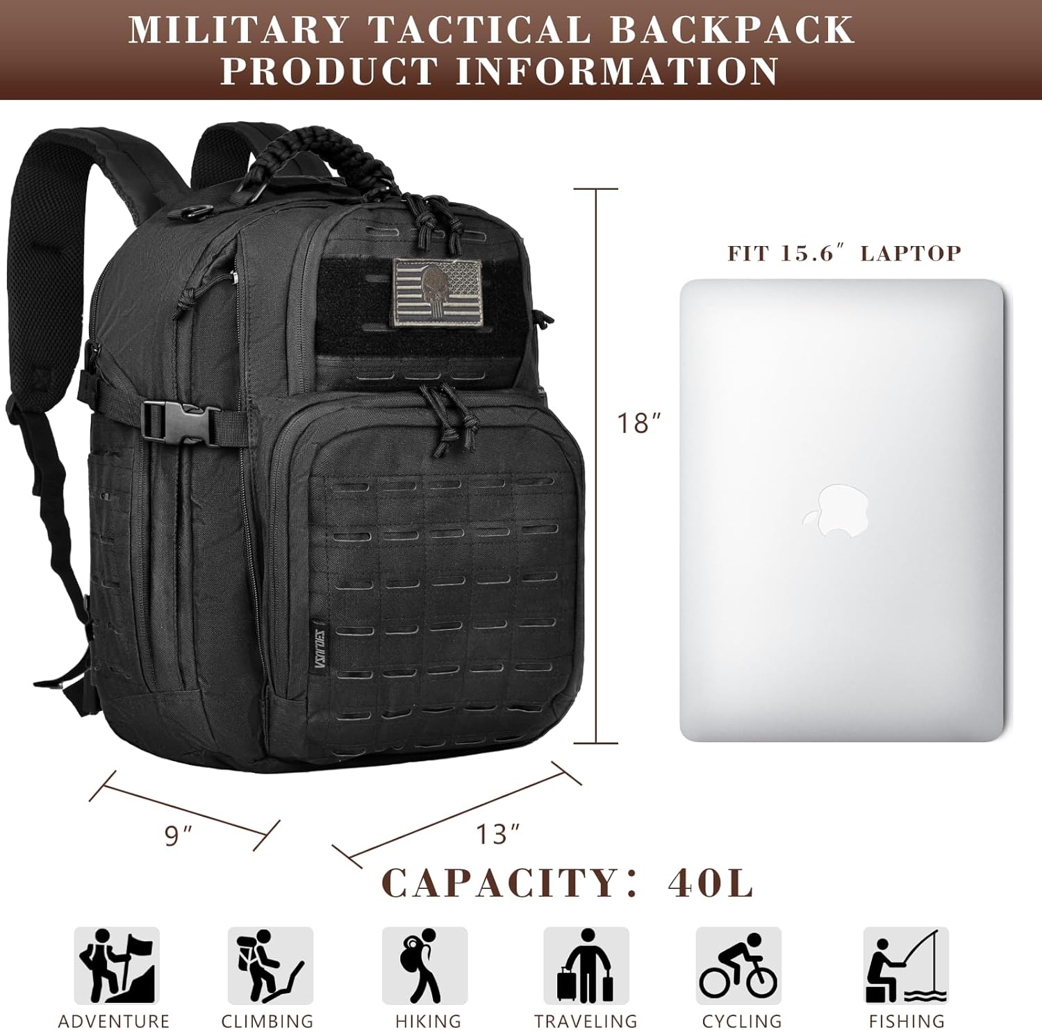 Military Tactical Backpack for Men, 40L Molle EDC Daypack Work Backpack for Trekking, Army 3 Days Assault Pack & Bug Out Bag with Water Bladder Compartment, Hiking Rucksack - Image 2