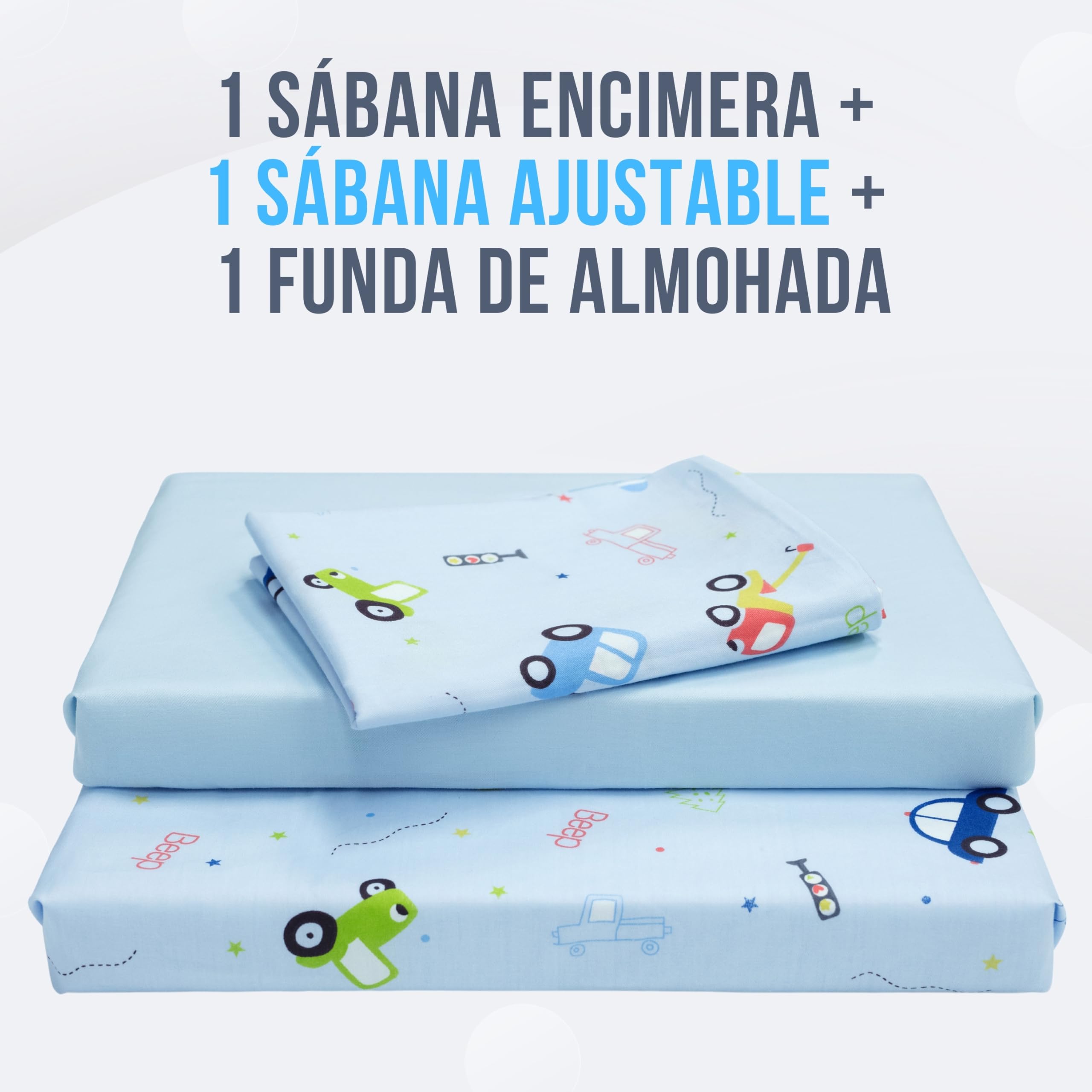 GOYSILA Juego De Sábanas Montessori para Cama 70x140 Cm 1 Sábana Bajera Ajustable 1 Sábana Encimera 1 Funda De Almohada 100% Algodón Oeko-Tex Diseño Coches Ropa De Cama Infantil para Maxicuna