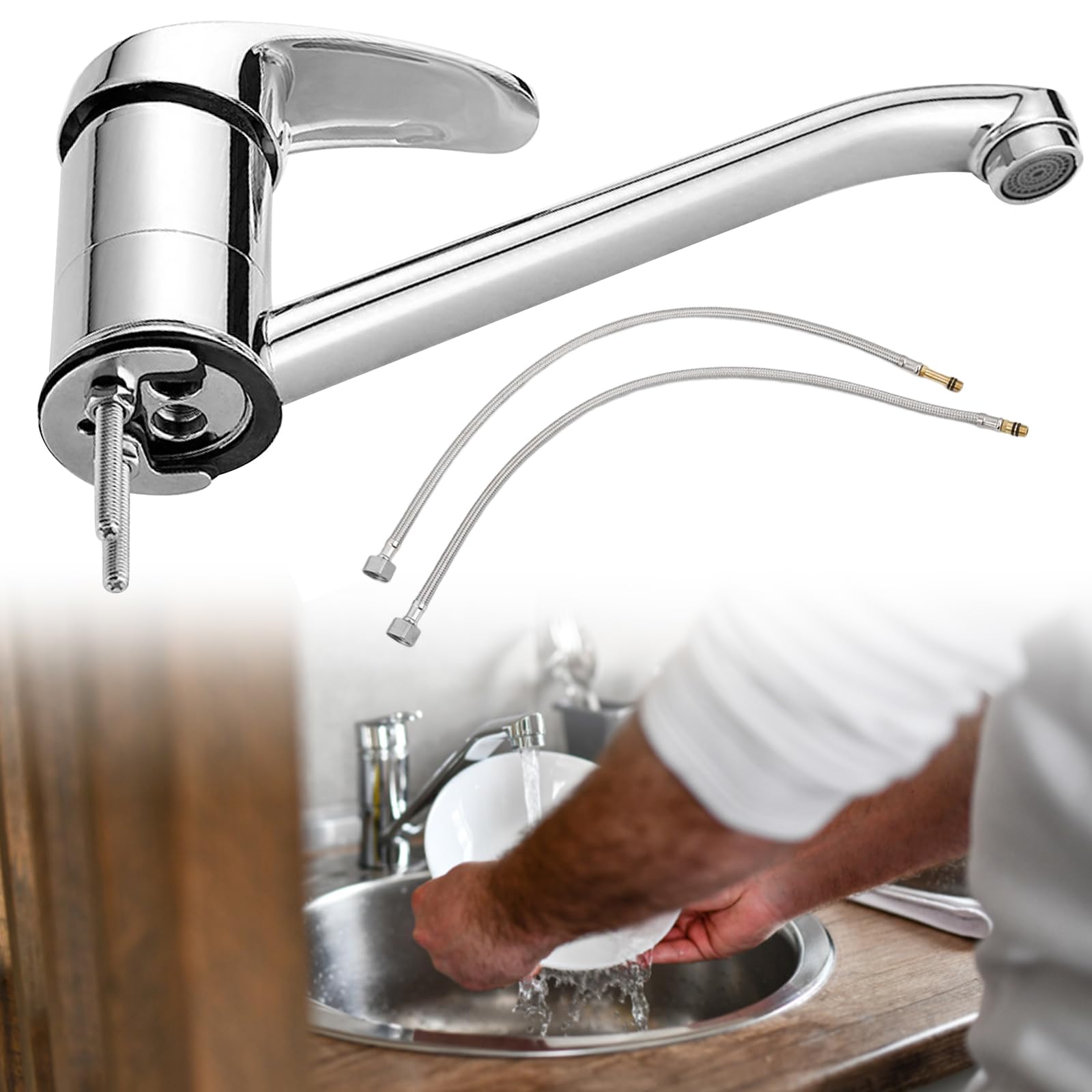Mitigeur d'évier de cuisine et 2 tuyaux de 60 cm, robinet de caravane, levier supérieur monobloc avec long bec pivotant, robinet traditionnel chromé
