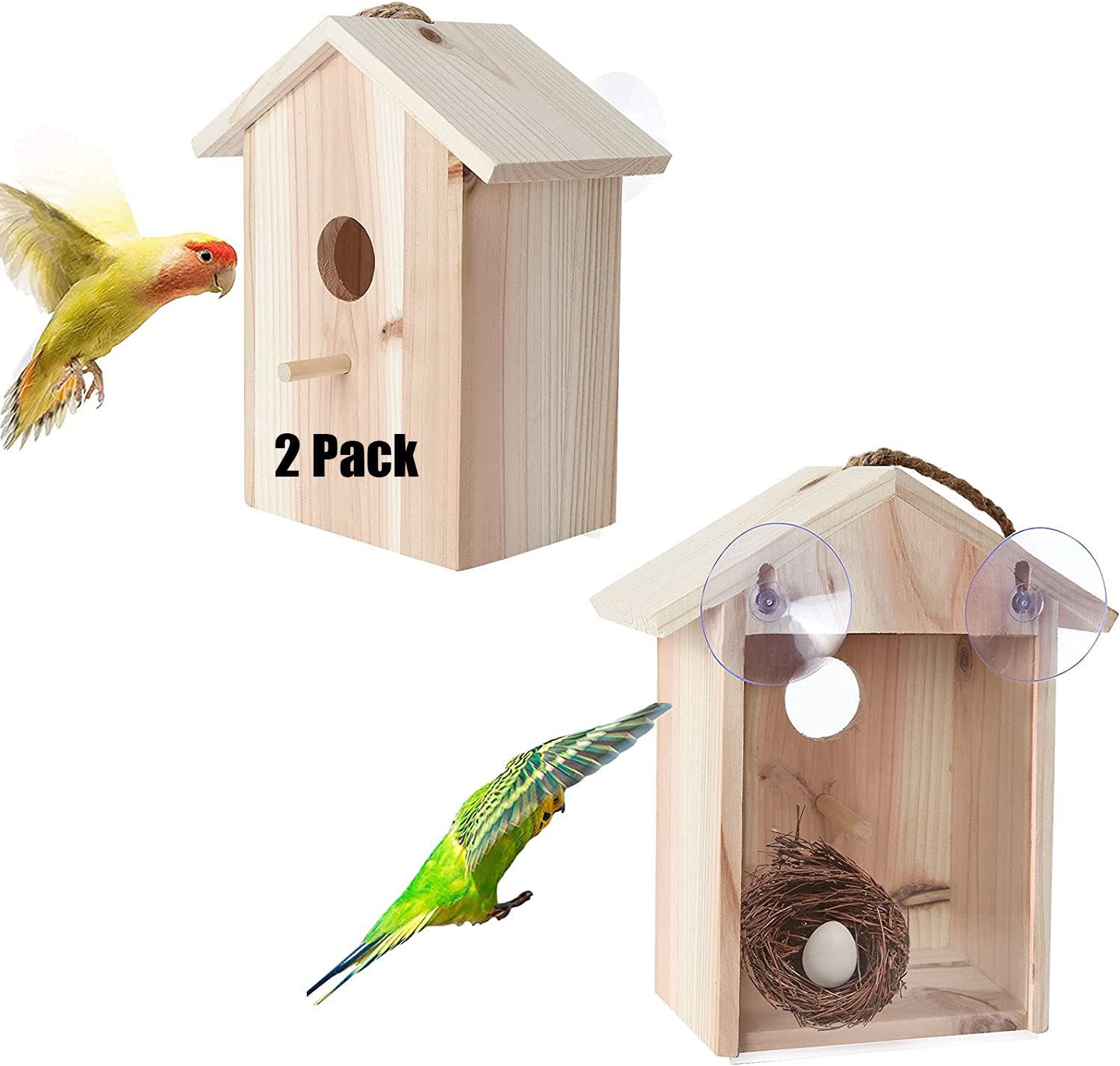 2 Pack Window Bird Houses for Viewing Bird Nest with Strong Suction Cups, Wooden See Through Birdhouses for Window Spy Birdhouse for Outdoors, Bird Nest Garden, Transparent Design