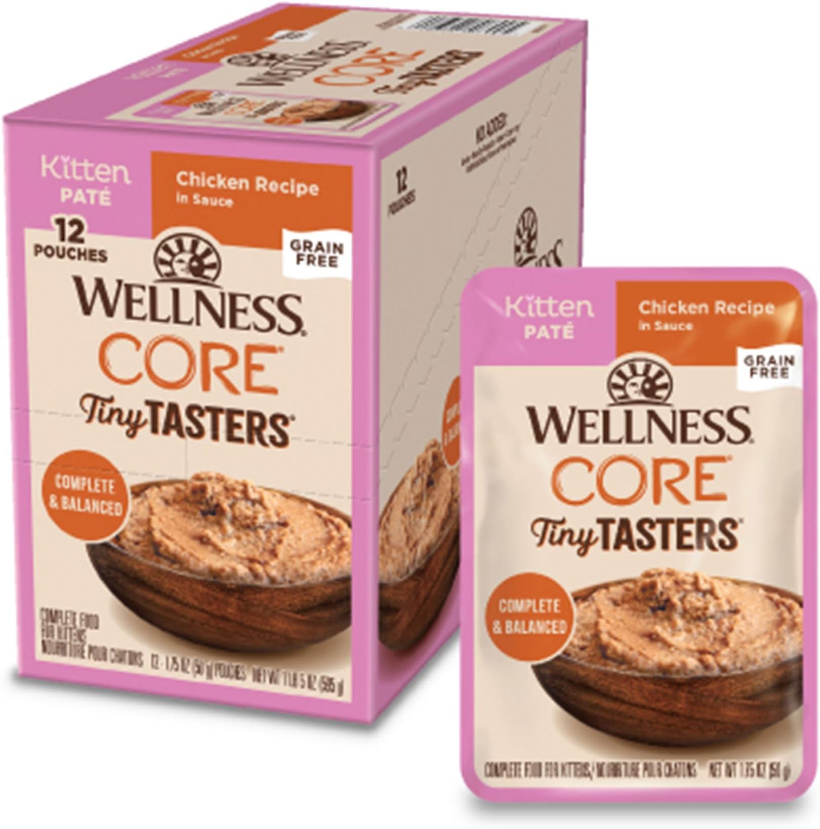 Wellness CORE Tiny Tasters Minced Kitten Wet Cat Food, Natural, Protein-Rich, Grain Free, 1.75-Ounce Pouch, 12 Pack, (Chicken)