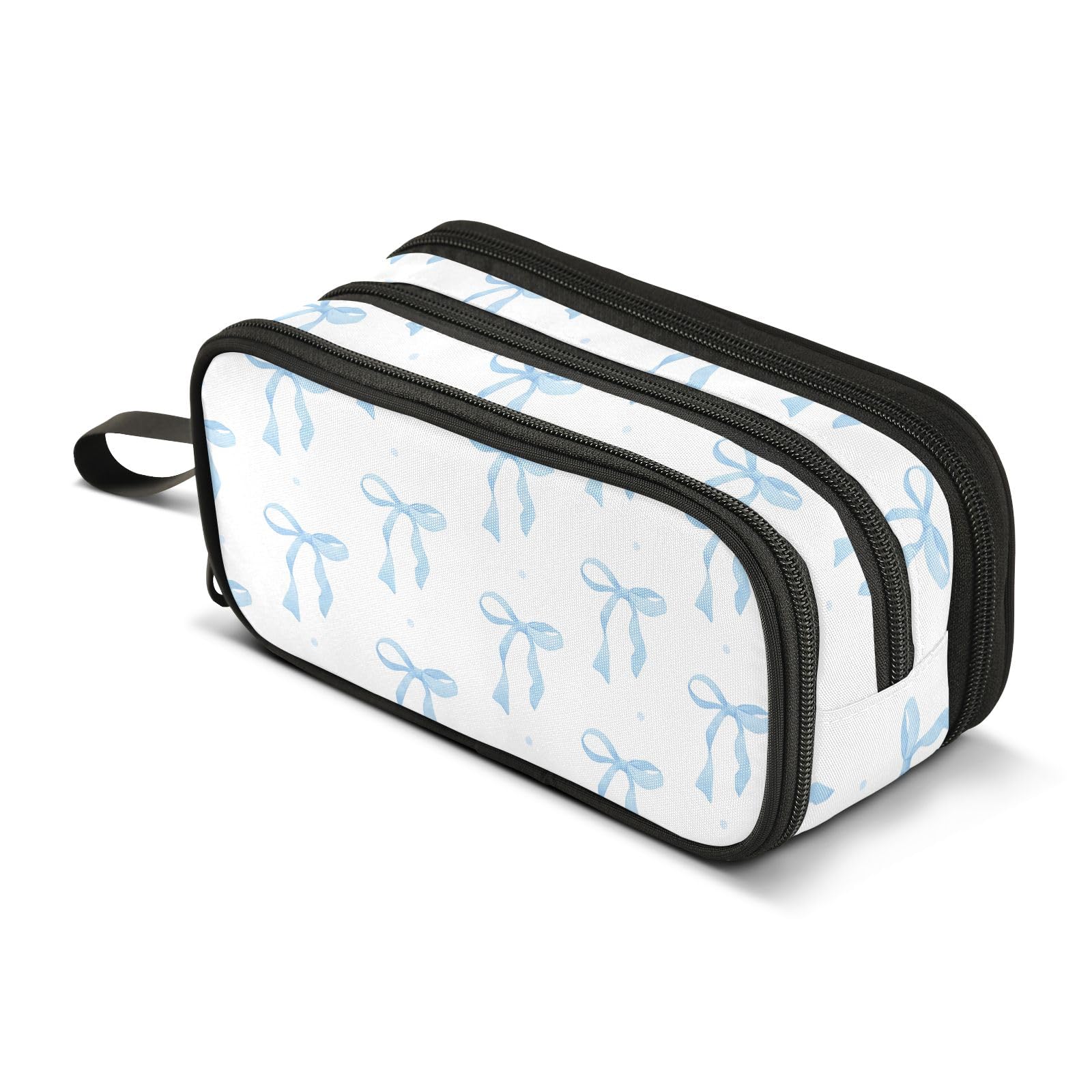 OWFKAY Blue Bow White Pencil Case for Boys Girls School Large Capacity with 3 Compartments Pencil Pouch Back to School Supplies Stationery Organizer