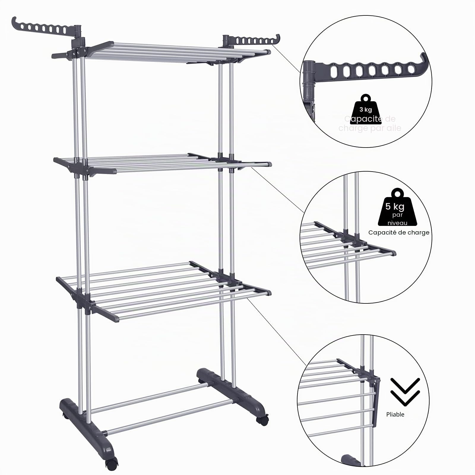 Innotic Etendoir Linge Intérieur et Extérieur, 4 Niveaux Séchoir à Linge Pliable, Seche Linge avec Roues, 172cm Gris